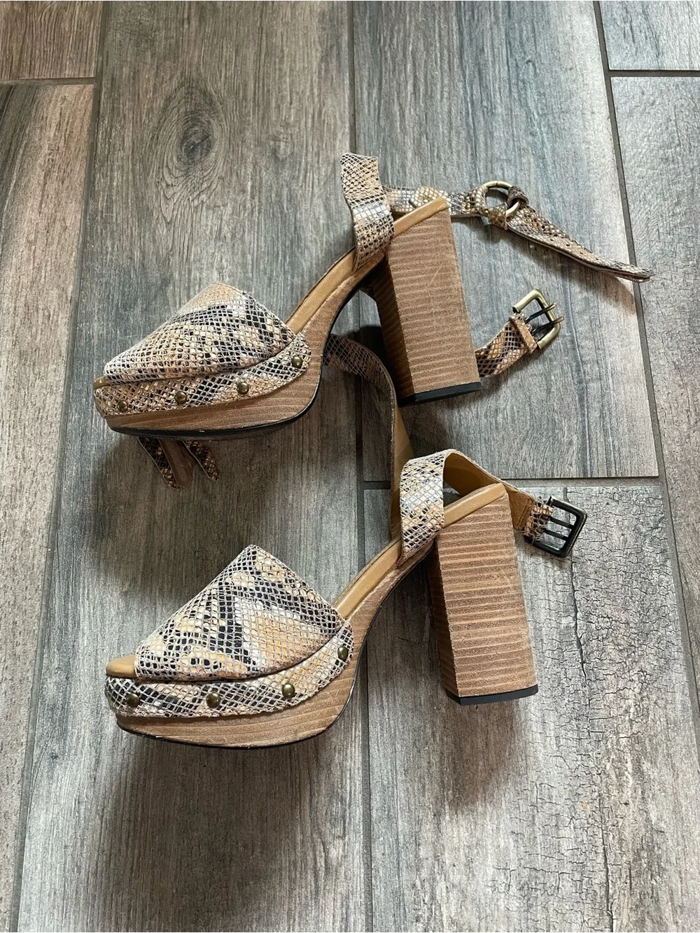 Free People Tan Snake-Print Block Heel Sandals